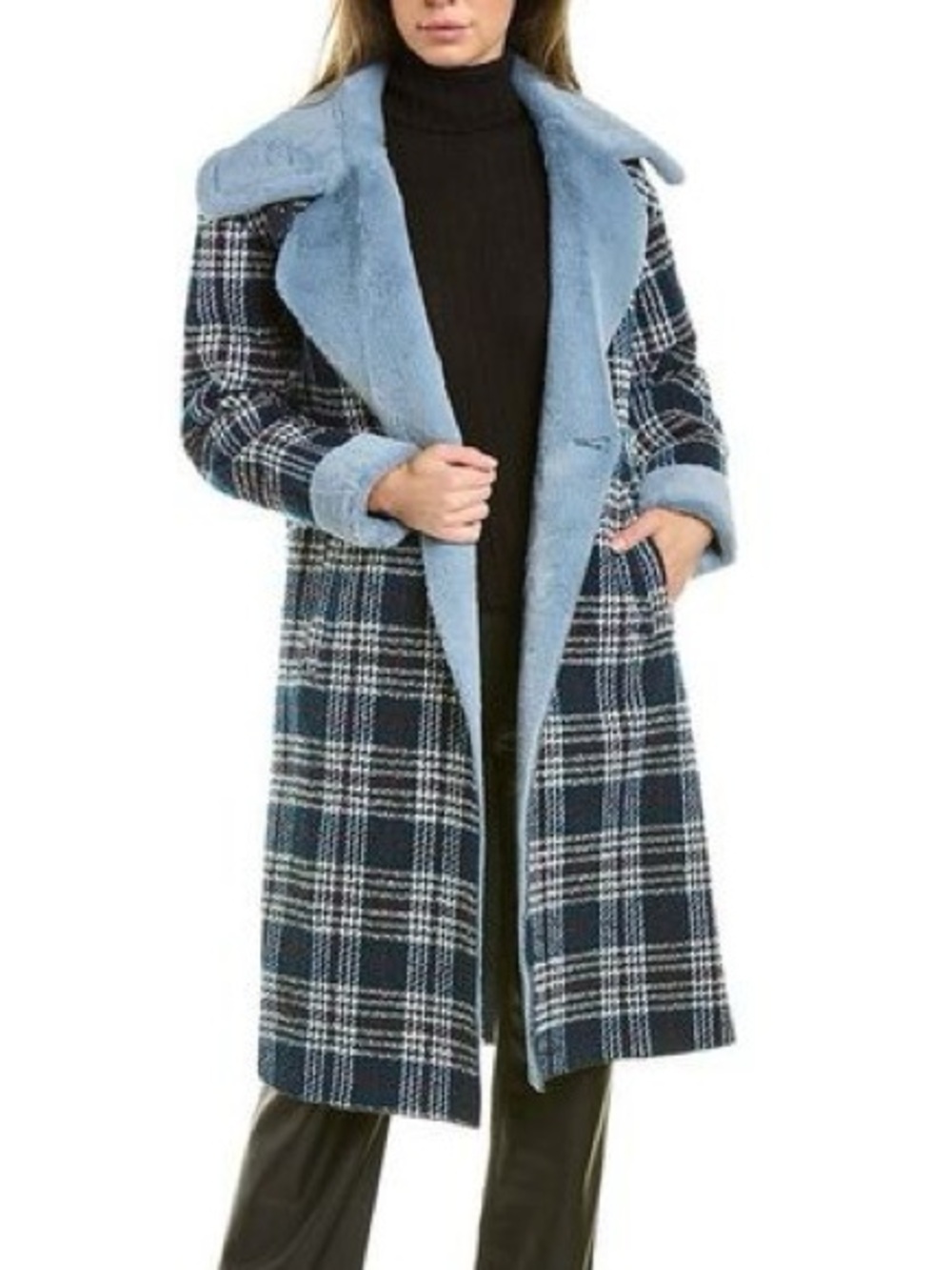 NWOT NVLT Wool Blend Plaid Coat with Blue Faux Fur Trim and Lining Size L